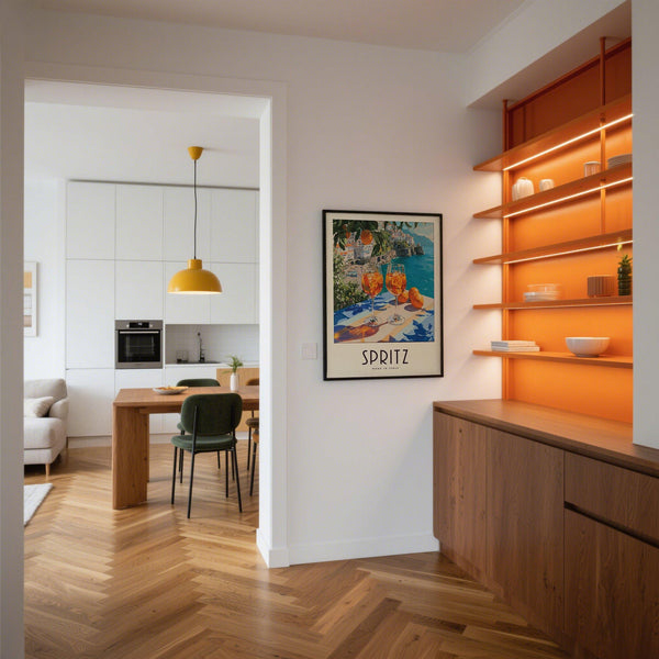 Imprimé cocktail sur le thème de l'orange représentant une vue panoramique sur la Méditerranée