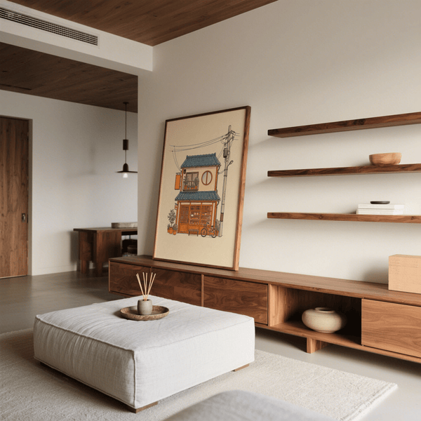 Impression artistique de style japonais mettant en vedette des tons beiges et orange dans la décoration murale d'une cuisine