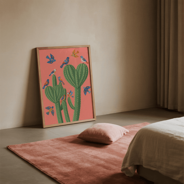 Cactus vert et oiseaux Poster Cactus Impression sur fond rose pour espace de vie
