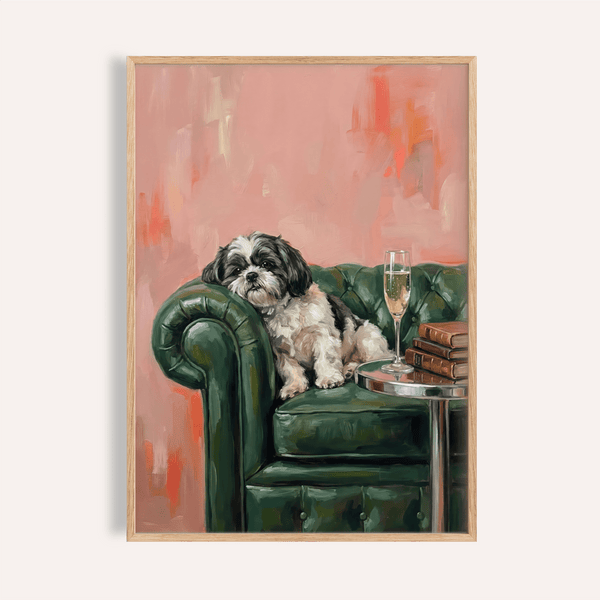 Décoration murale avec motif chien Shih Tzu en rose, vert, noir et blanc pour la décoration du salon