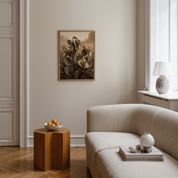 Impressions artistiques du sud-ouest représentant des chapeaux beiges, des cactus verts, des décorations murales pour bureau