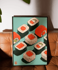 Impression artistique Sushi dans les tons rouge, vert et bleu pour la salle à manger