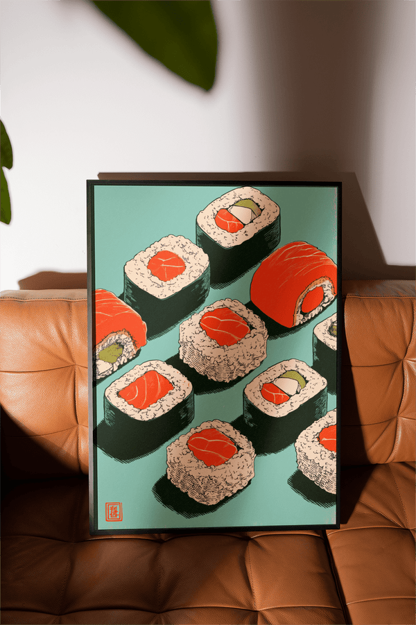 Impression artistique Sushi dans les tons rouge, vert et bleu pour la salle à manger