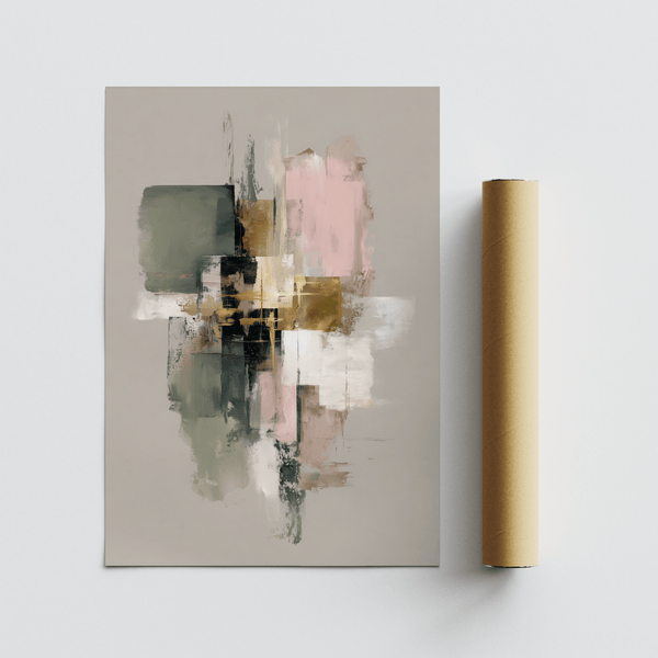 Impression artistique moderne « Pink and Green Wall Art » en vert, rose et doré pour la décoration de bureau