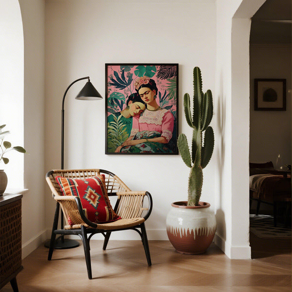 Autoportrait inspiré de Frida Kahlo, avec des visages expressifs et des éléments floraux.