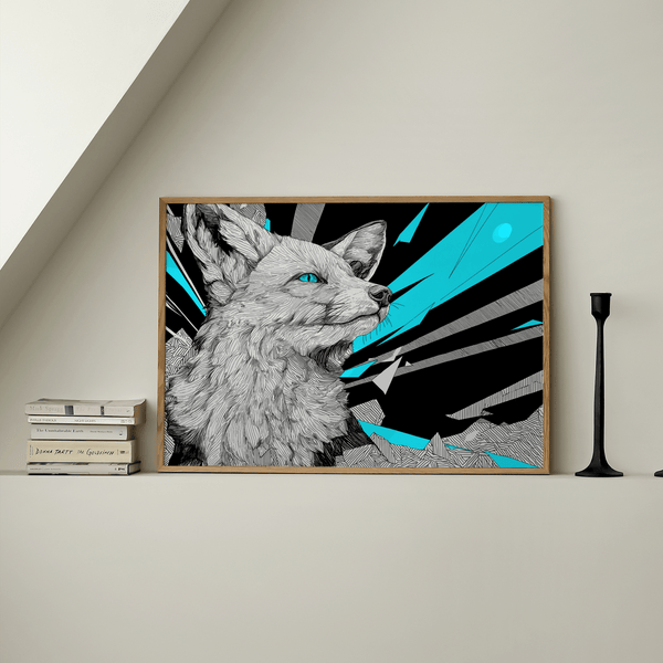 Impression artistique rétro Fox avec des accents géométriques bleus pour les espaces modernes