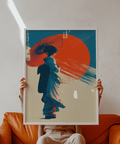 Art mural pop art moderne représentant une geisha japonaise avec un kimono bleu, un parapluie rouge et des accents beiges pour le bureau