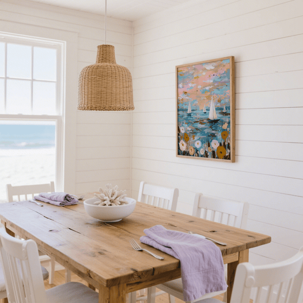 Décoration murale voilier en bleu et rose pour le couloir