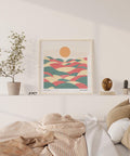 Japanese contemporary square pastel abstract artwork with rolling hills
