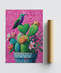 Décoration murale florale rose représentant un cactus en forme de cœur et des plantes désertiques colorées