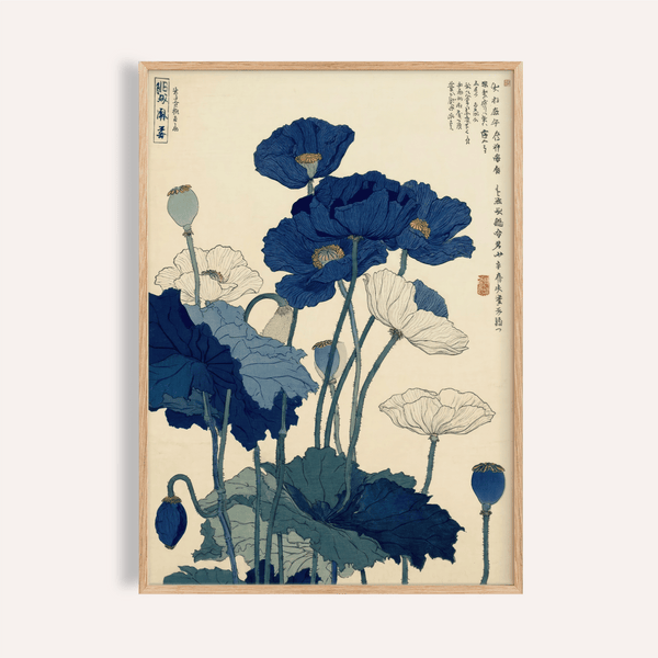 Décoration murale japonaise représentant des coquelicots bleus et blancs pour le salon