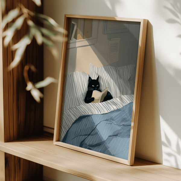 Décoration murale représentant un chat lisant un livre, palette apaisante de bleu et blanc pour un coin lecture