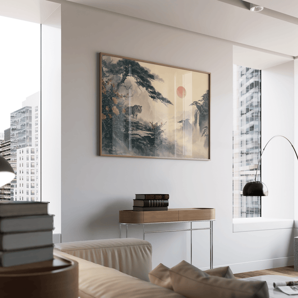 Impression paysage asiatique avec cascade, beige et vert pour décoration murale de salon