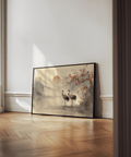 Affiche d'art japonais représentant des grues et des fleurs rouges pour une décoration apaisante dans une chambre à coucher