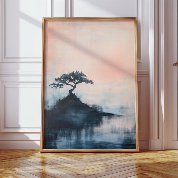 Art abstrait japonais minimaliste représentant un paysage montagneux dans des tons apaisants.