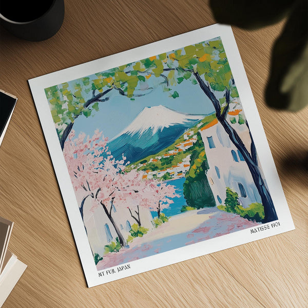 Poster représentant une rue bordée de cerisiers en fleurs menant au mont Fuji au Japon.