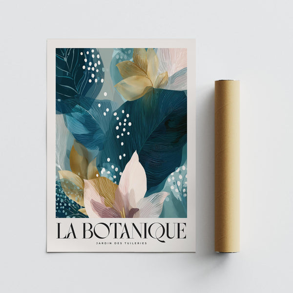 Œuvre d'art botanique contemporaine aux tons bleu sarcelle et dorés