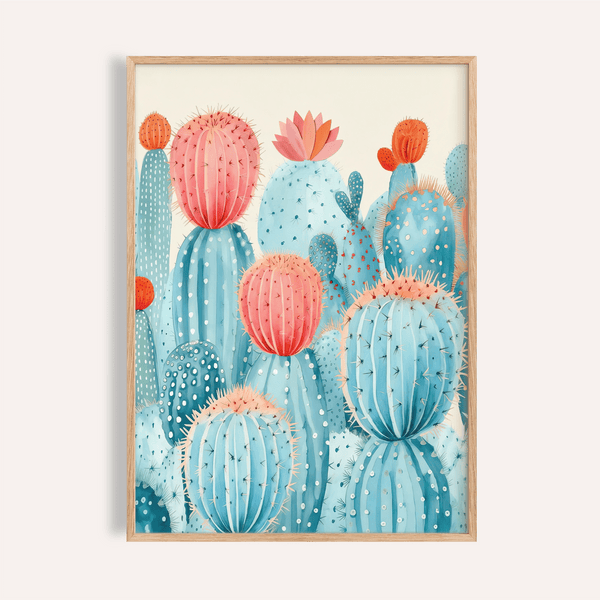 Impression colorée de cactus dans les tons bleus et roses pour décorer votre salon