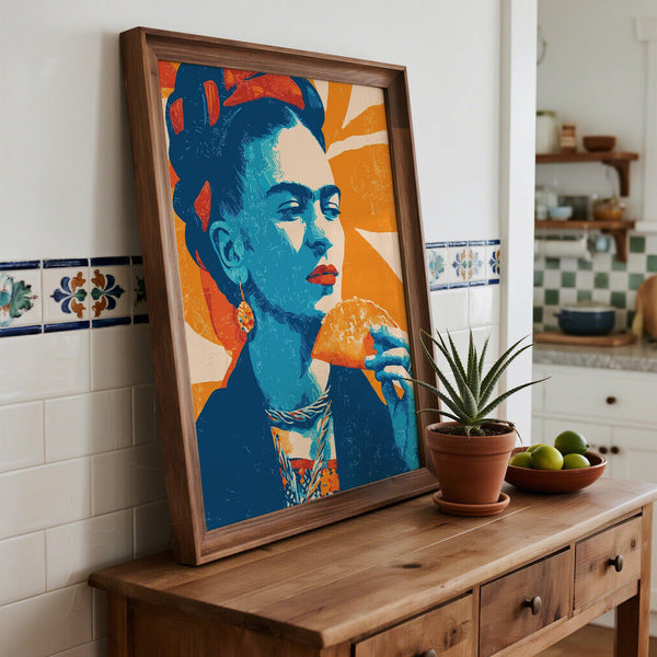 Imprimé taco pop art mettant en vedette Frida Kahlo et des formes géométriques.
