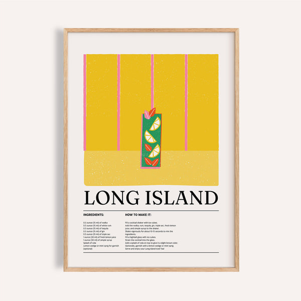 Impression représentant une boisson Long Island Iced Tea sur fond rayé jaune et rose

