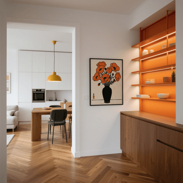 Poster mural floral orange et noir, conçu pour une impression artistique moderne en studio