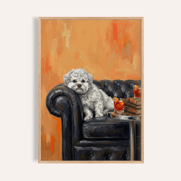 Impression artistique « Chien au visage humain » en orange, blanc et noir pour le salon