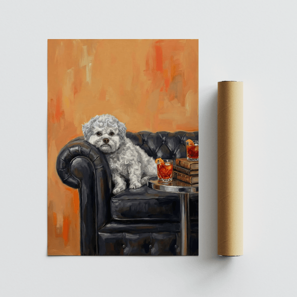 Affiche détaillée « Chien au visage humain », fond orange, pour salon