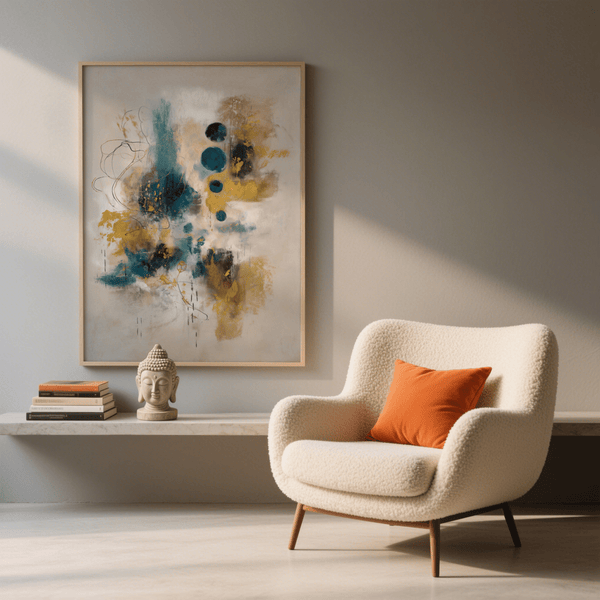 Impression artistique avec une palette de couleurs bleu sarcelle et noir, sur le thème du bleu et de l'or, pour un mur galerie