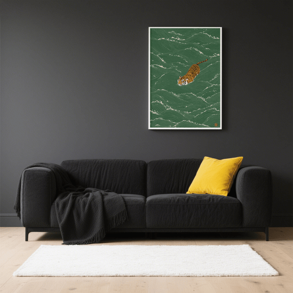 Décoration murale vivante sur le thème de la faune sauvage pour le couloir, dans les tons verts et orange.