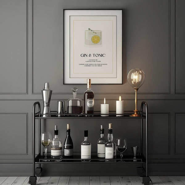 Art moderne des boissons mettant en vedette une recette de gin tonic à l'esthétique légère.