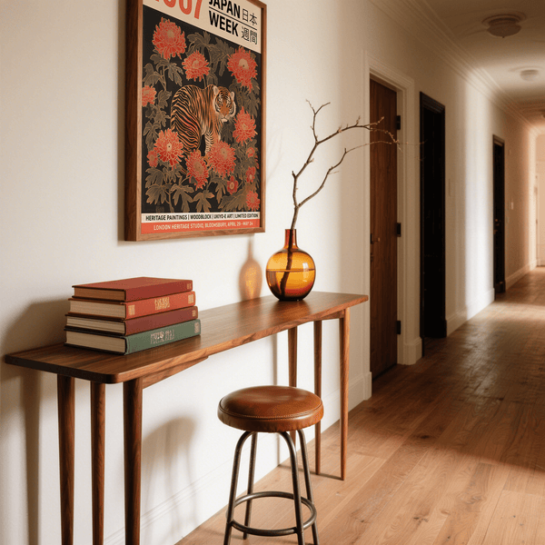 1967 Art mural asiatique vintage de style ukiyo-e représentant un tigre, imprimé sur bois