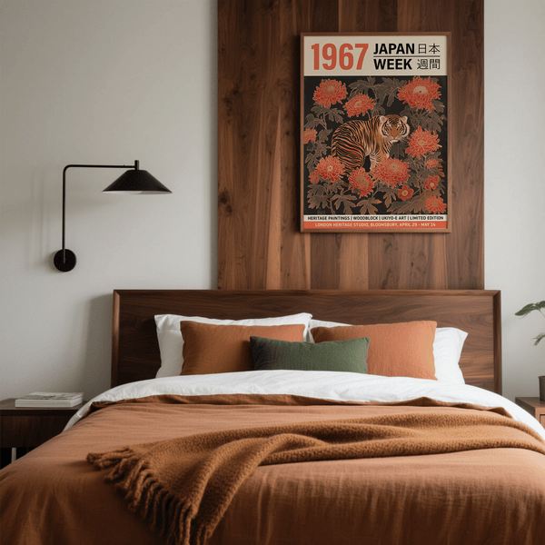 Élégant tableau mural asiatique vintage capturant la beauté des estampes sur bois au-dessus du lit