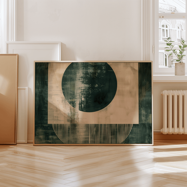 Affiche géométrique abstraite aux teintes vertes et beiges pour décorer une chambre à coucher