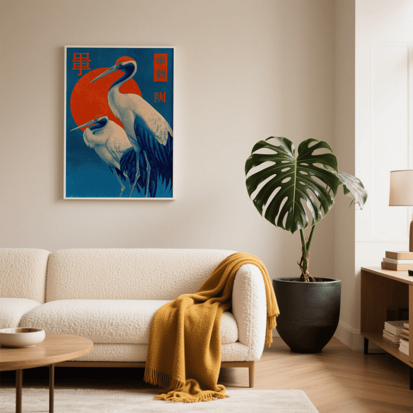 Impression artistique représentant des grues dans des tons rouges et bleus, poster pour chambre à coucher