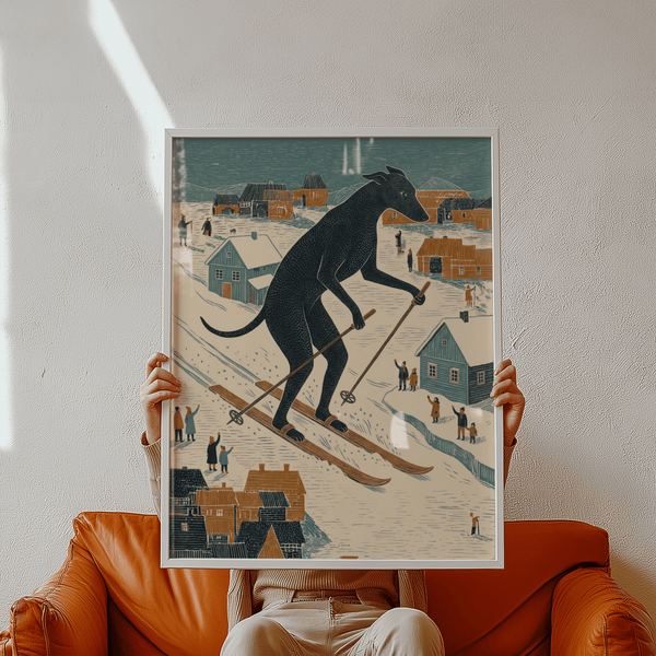Impression artistique « Skiing Dog », avec des tons noirs et beiges, parfaite pour décorer un bureau.