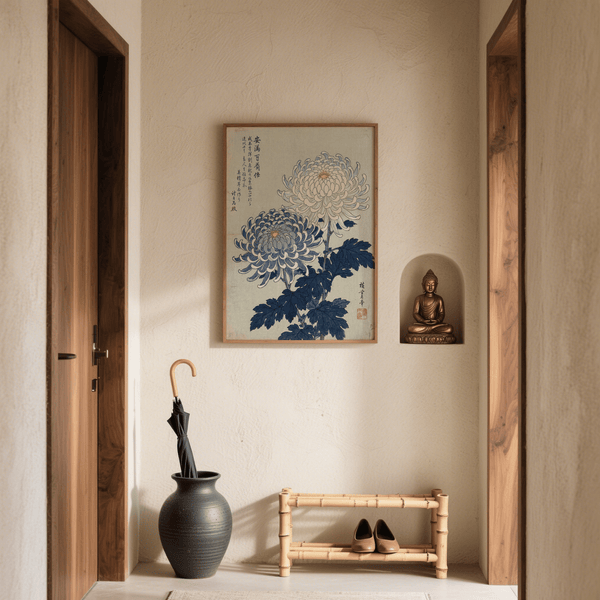 Impression artistique Chrysanthème avec fond gris et détails bleus pour décorer votre salle de bain