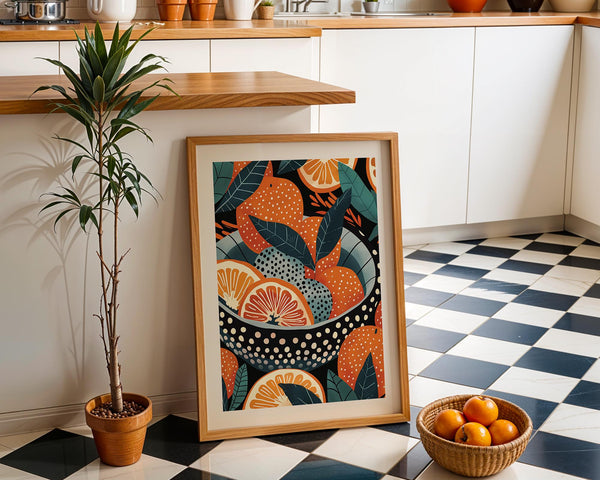 Impression artistique moderne représentant un bol d'oranges avec des fruits coupés en tranches et des feuilles aux formes audacieuses.