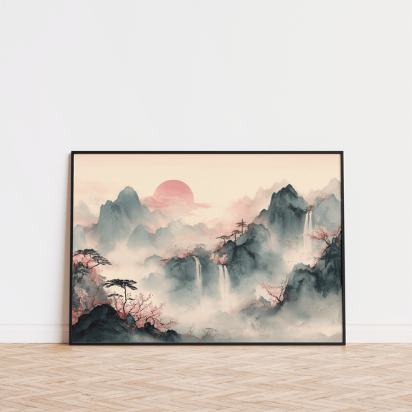 Tiger Mountain Wall Art, encre noire avec fleurs roses, impression pour salon