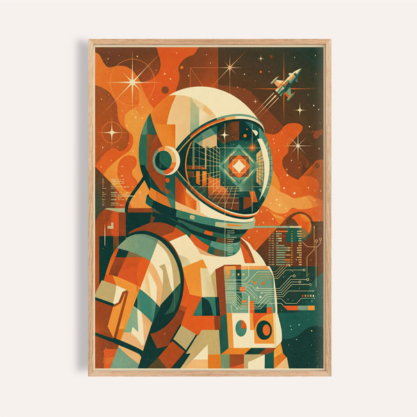 Retro Astronaut Poster in Blue Green Orange Beige for living room wall art