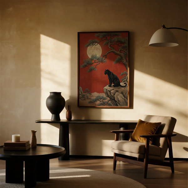 Black Panther Moon Print and vibrant Red sky for creative workspace wall art