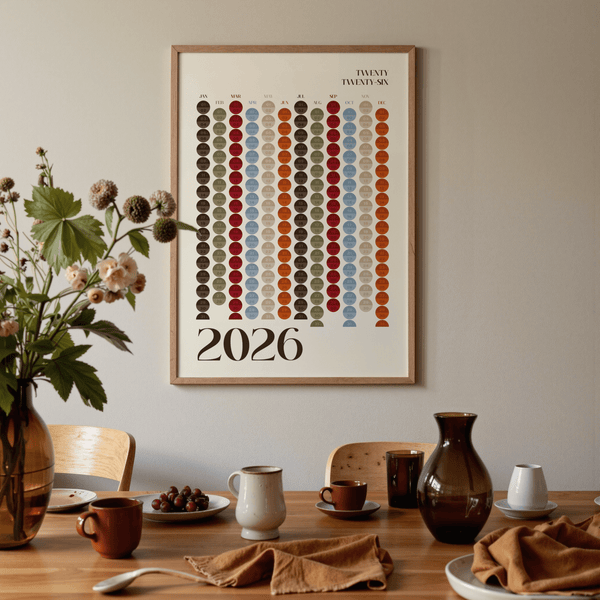 Grand calendrier mural avec cercles rouges et orange, imprimé pour salon