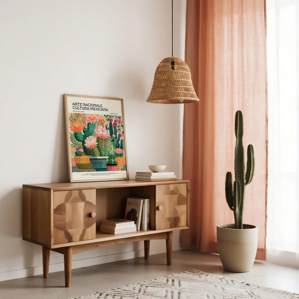 Vue détaillée de fleurs de cactus en pleine floraison dans une décoration murale mexicaine pour le salon.