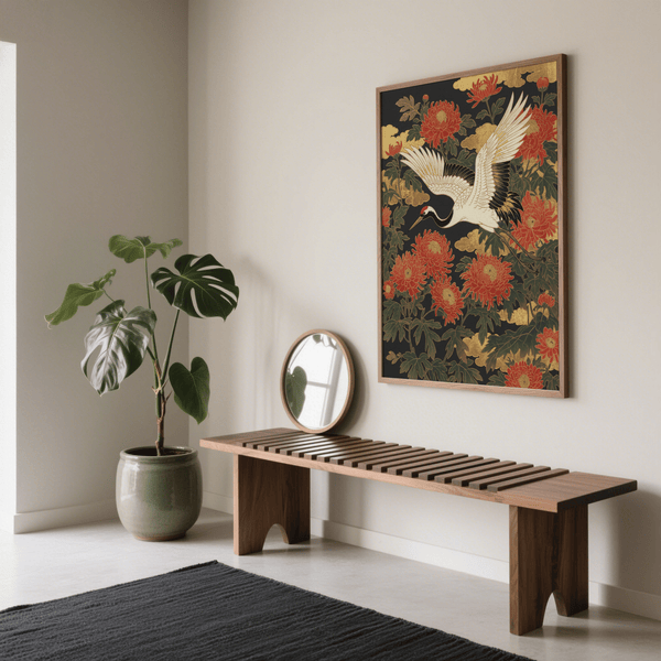 Impression artistique Crane Floral représentant une grue rouge et blanche, idéale pour décorer les murs d'un bureau.