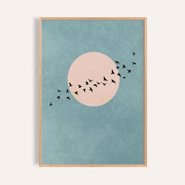 Impression murale « Oiseaux » dans les tons bleu et rose, idéale pour décorer les murs de votre salon.