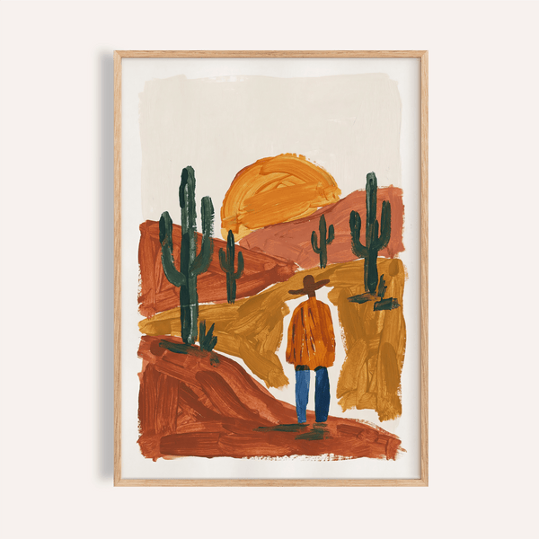 Impression artistique représentant un paysage désertique dans les tons orange, bleu, vert et marron, pour décorer les murs de votre salon.