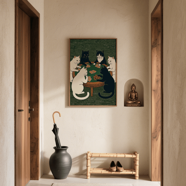 Impression artistique Cat Poker avec des accents verts, ludique pour une impression artistique dans une salle d'étude