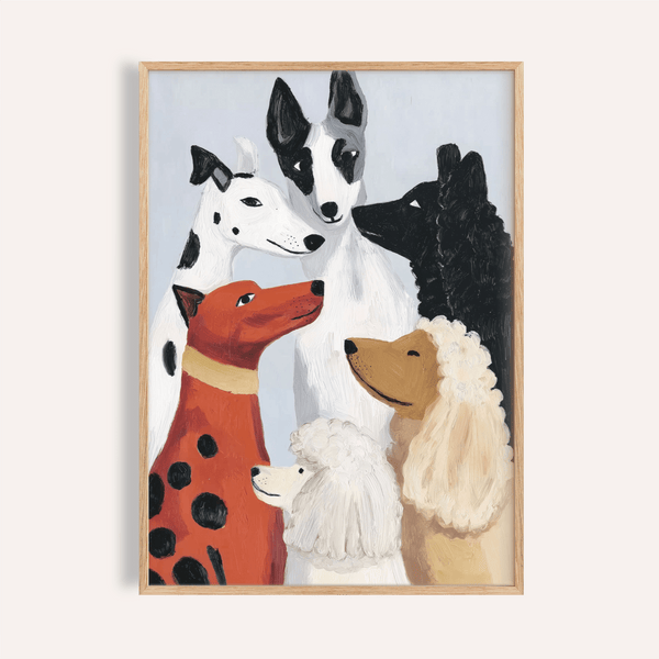 Affiche artistique colorée représentant un chien, dans les tons gris et beige, pour décorer le mur de votre salon.