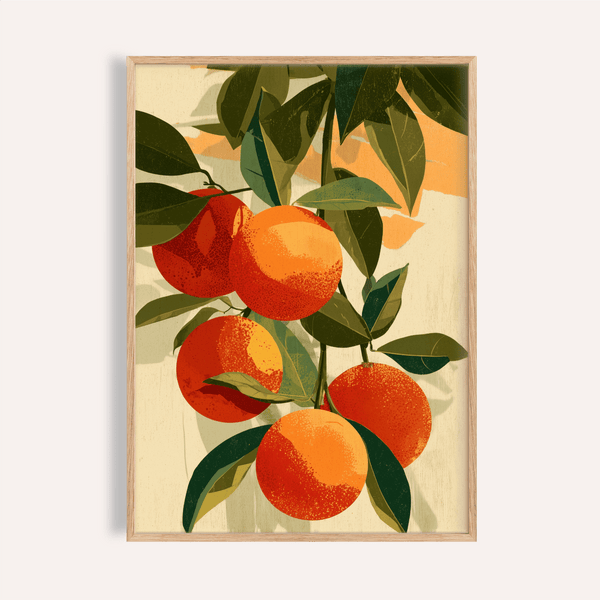 Impression artistique représentant des fruits dans les tons orange et vert, pour décorer les murs de votre cuisine.
