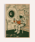 Reading Astronaut Poster in green, beige, and orange for living room wall art