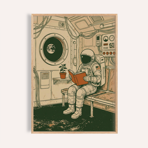 Reading Astronaut Poster in green, beige, and orange for living room wall art